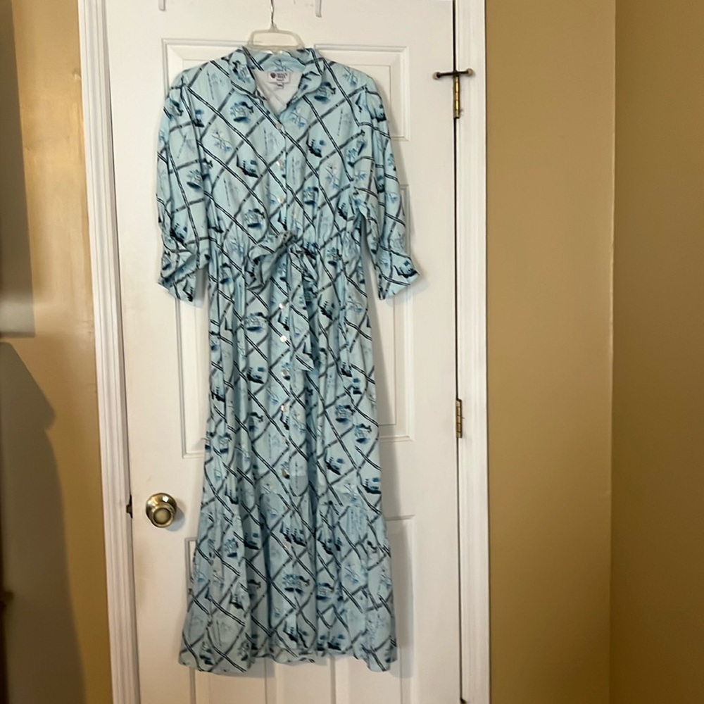 Maxi Shirt Dress with Blue Geometric Print - Light Blue